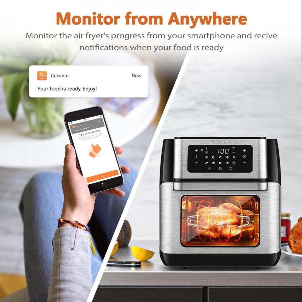 CROWNFUL Smart Air Fryer, 10.6 Quart Large WiFi Convection Toaster Oven Combo with Rotisserie  Dehydrator, Works with Alexa  Google Assistant, Accessories and Online Cookbook Included
