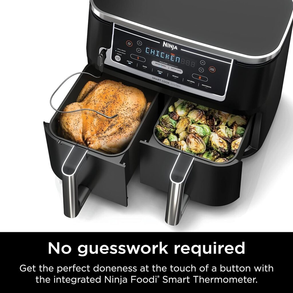 Ninja DZ550 Foodi 10 Quart 6-in-1 DualZone Smart XL Air Fryer with 2 Independent Baskets, Smart Cook Thermometer for Perfect Doneness, Match Cook  Smart Finish to Roast, Dehydrate  More, Grey