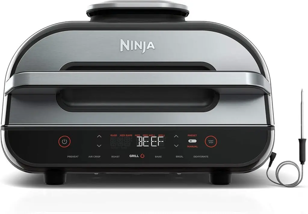 Ninja FG551 Foodi Smart XL 6-in-1 Indoor Grill with Air Fry, Roast, Bake, Broil  Dehydrate, Smart Thermometer, Black/Silver