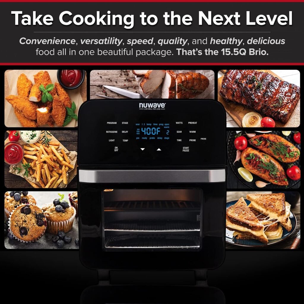 Nuwave Brio 15.5Qt Air Fryer Rotisserie Oven, X-Large Family Size, Powerful 1800W, 4 Rack Positions, 50°-425°F Temp Controls, 100 Presets  50 Memory, Integrated Smart Thermometer, Linear T Technology